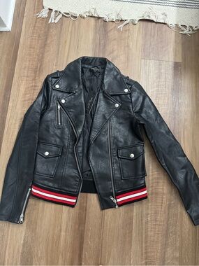 Romeo & Juliet Couture Black Leather Biker Jacket with Red & White Trim